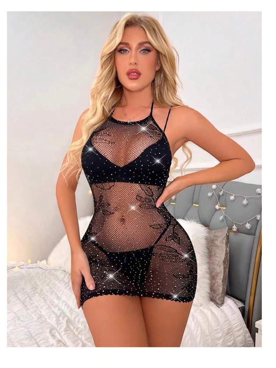 Body Stocking vestido de red con brillos Sexy - Negro - Ver 1