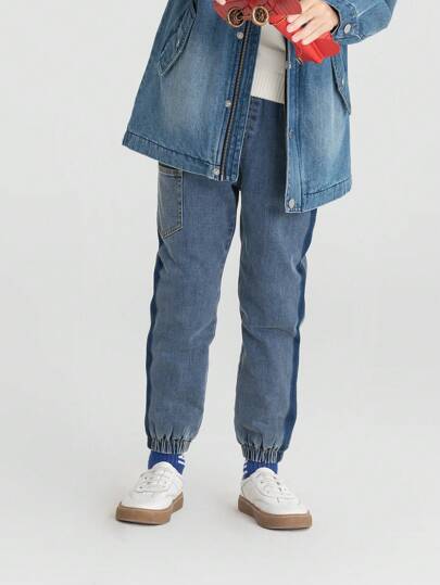 Annil 青少年男童冬季休閒舒適保暖加厚彈性腰身牛仔褲