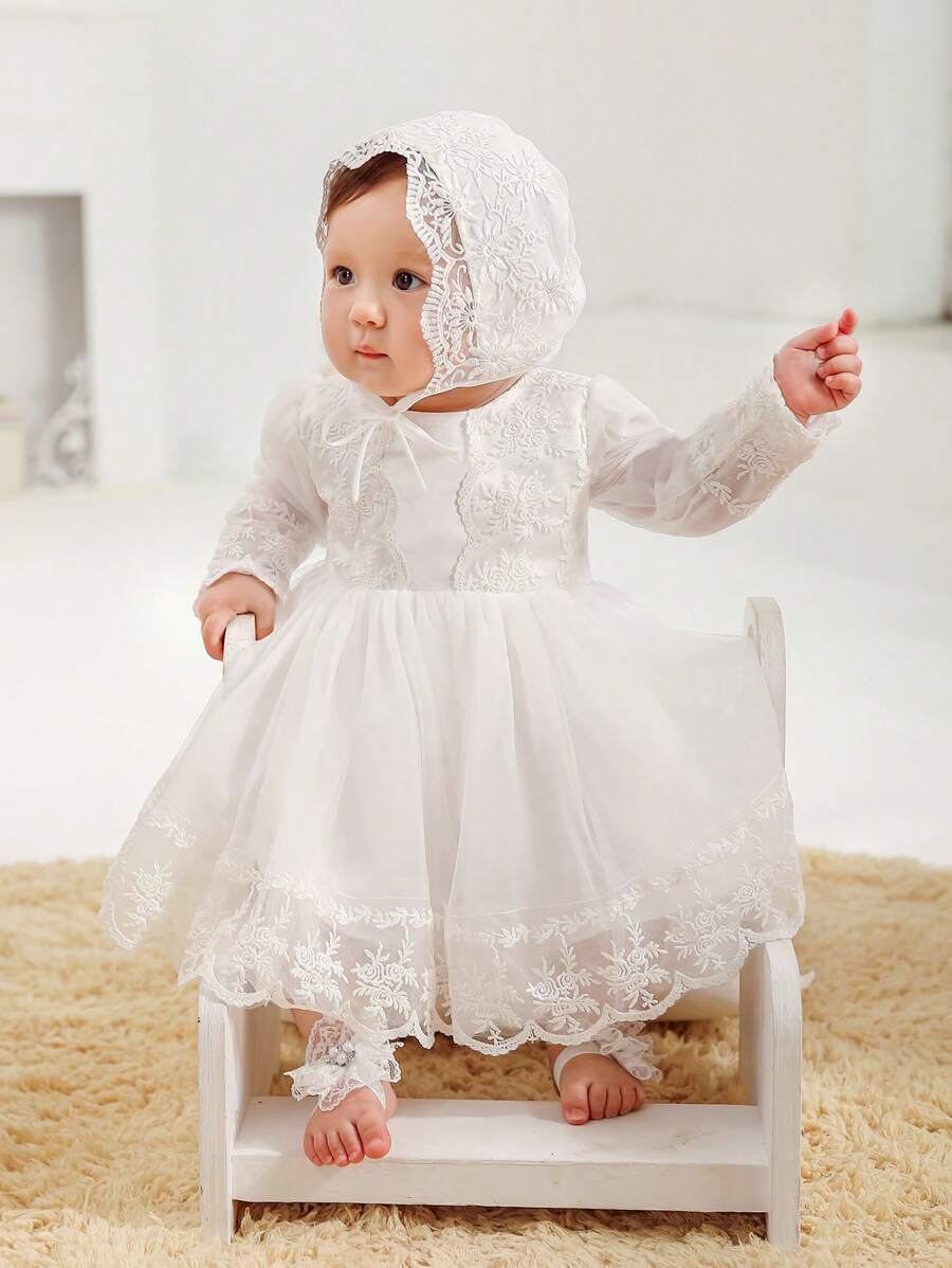 嬰兒女寶寶首次生日派對禮服,洗禮禮服,白色婚禮花童女裝配帽 - 白色 - 查看 1