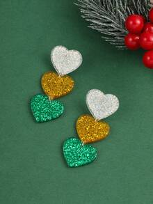 一對閃亮心形吊墜聖誕快樂吊墜耳環適合女士女孩節日節日禮物