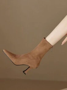 Bốt cao gót ngắn mũi nhọn da lộn gợi cảm mới thu/đông 2025, bốt cổ ngắn co giãn ôm sát, phong cách Hàn Quốc thời trang - Màu be - Xem 5