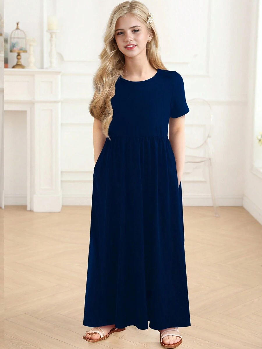 女大童素色隱藏口袋娃娃裙 - 藏蓝色 - 查看 1