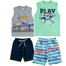 Kit 4 Peças De Roupa Infantil Masculino 2 Regatas + 2 Shorts Sortidas