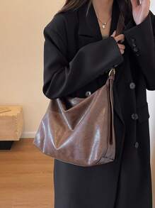 休闲复古纯色 PU 皮革女士简约斜挎包，复古风女士复古包 - 咖啡棕 - 查看 2
