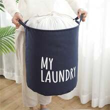 Home Use Cartoon Fabric Laundry Basket Foldable Waterproof Oxford Cloth Drawstring Clothes Hamper Storage Bin - Navy Blue - View 3