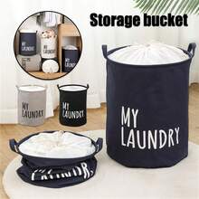 Home Use Cartoon Fabric Laundry Basket Foldable Waterproof Oxford Cloth Drawstring Clothes Hamper Storage Bin - Navy Blue - View 2