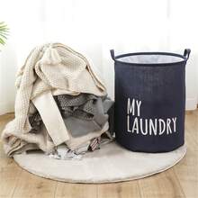 Home Use Cartoon Fabric Laundry Basket Foldable Waterproof Oxford Cloth Drawstring Clothes Hamper Storage Bin - Navy Blue - View 4
