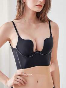 1件性感加厚u型推桿胸罩,深v領線,背無痕設計,女士專用 - 黑色 - 查看 4