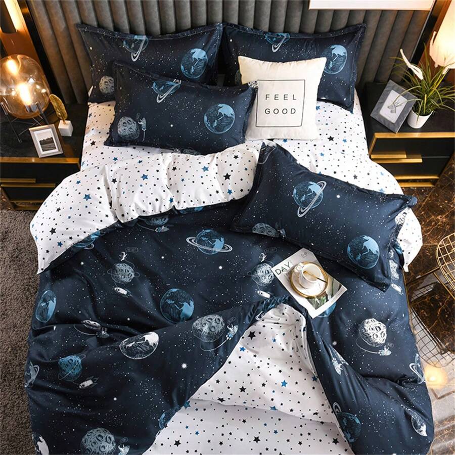 3 Piezas Juego De Ropa De Cama De Funda Nórdica Con Estampado De Cielo Estrellado Y Estrellas (no Incluye Edredón), Todo El Año - Neblina azul - Ver 1
