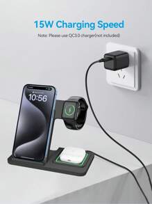 三合一快速无线充电器底座兼容 17/16/15/14 Pro Max/14 Pro/14 Plus/13/12/11/X/8 系列，兼容 Ultra/SE/10/9/8/7/6/5/4/3/2，兼容 Pro/3 多设备可折叠便携式充电支架 - 黑色 - 查看 8