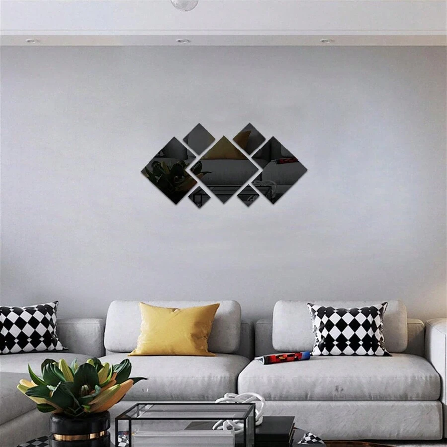 7pcs S Size New Rhinestone Acrylic Wall Sticker Mirror Asymmetric Mirror Vanity Mirror Living Room Decoration Decorative Mirrors Full Mirror - Black - View 1