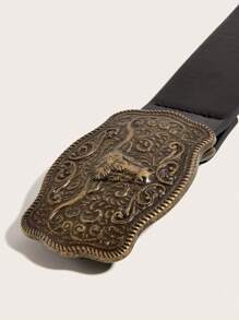 1pc Women's Black Flat Stud Heavy Carved Bull Head Buckle Pu Leather Belt, Fashionable Western Style All-match Accessory For Daily Wear - Black - View 4