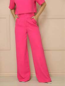 Verão Elegante e Versátil Conjunto feminino com blusa de mangas curtas de gola redonda e calça reta com bolsos práticos - Pink - Visão 4