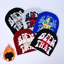 Street 1pc Warm And Stylish Windproof Knitted Hat Embroidered With 'been That' Gothic Letters, Unisex - Perfect For Skiing And Cold Weather - Black and White - View 2