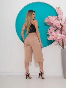Vibe Calça Feminina Capri Pantacourt Com Bolso - Bege - Visão 2