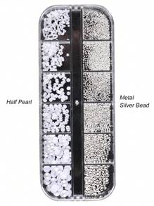 FULL BEAUTY 1 盒白色珍珠银色金属珠美甲装饰镀铬金属设计 3D 饰品美甲配件 DIY 美甲宝石美甲用品指甲