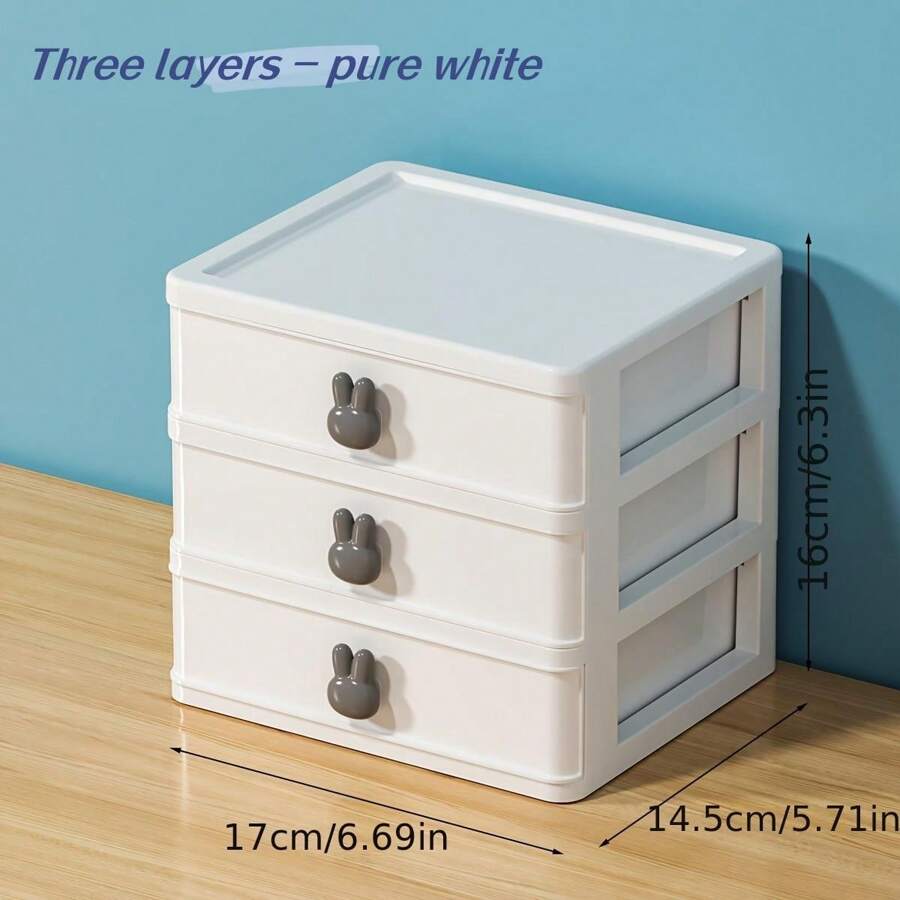 1pc Cartoon Desktop 3-layer Storage Box With Transparent Mini Drawers For Desk, Plastic Rabbit Shaped Stationery Organizer - 3 layers white + gray rabbit - View 1