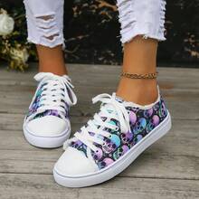 女性大尺碼休閒戶外平底帆布鞋,附綁帶,適用於聖誕節和萬聖節 - 彩色 - 查看 3