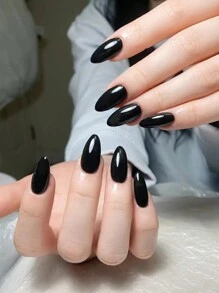 24入組短杏仁形固體黑色假指甲，附1pc指甲文件，1pc果凍凝膠按壓式假指甲美甲用品 - 黑色 - 查看 2