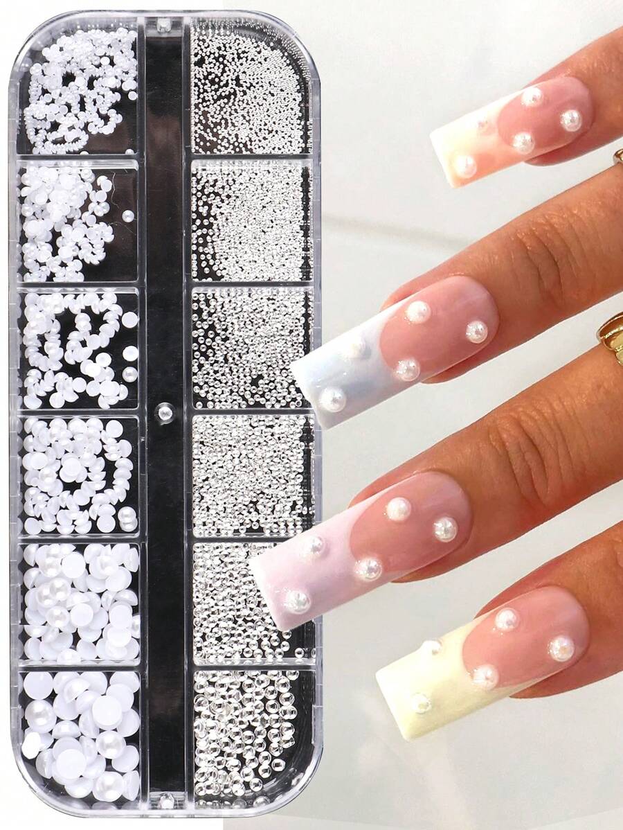 FULL BEAUTY 1 盒白色珍珠银色金属珠美甲装饰镀铬金属设计 3D 饰品美甲配件 DIY 美甲宝石美甲用品指甲
