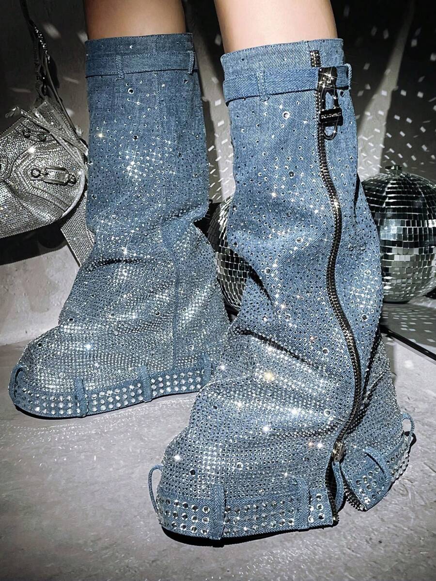 Kastel Women's Denim Rhinestone Rainbow Platform Boots - 藍色 - 查看 1