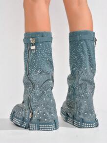 Kastel Women's Denim Rhinestone Rainbow Platform Boots - 藍色 - 查看 5