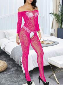 1 件女式黑色透明网眼撞色开裆连体袜、长袖镂空渔网连体裤、性感内衣套装 - 玫紅色 - 查看 5