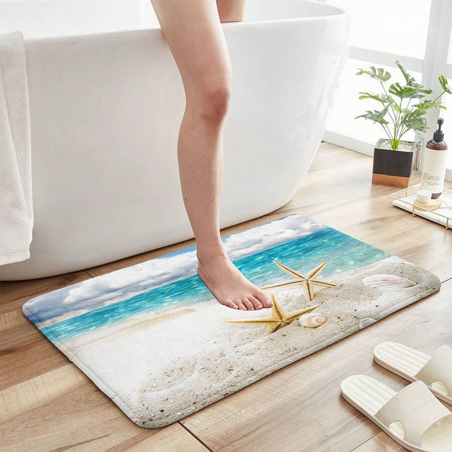 1 Pieza Alfombra De Baño Con Diseño De Conchas De Playa, Material De Poliéster De Estilo Moderno Y Antideslizante, Adecuado Para Baño - Multicolor - Ver 1