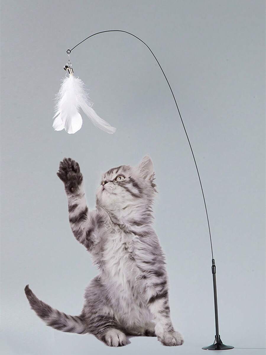 交互的貓羽毛圖案鈴鐺玩具棒適用於 - 白色 - 查看 1