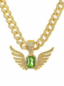 1pc Men's Rhinestone And Gemstone Decor Wing Pendant Necklace In Alloy, American Style - Dark Green - View 9