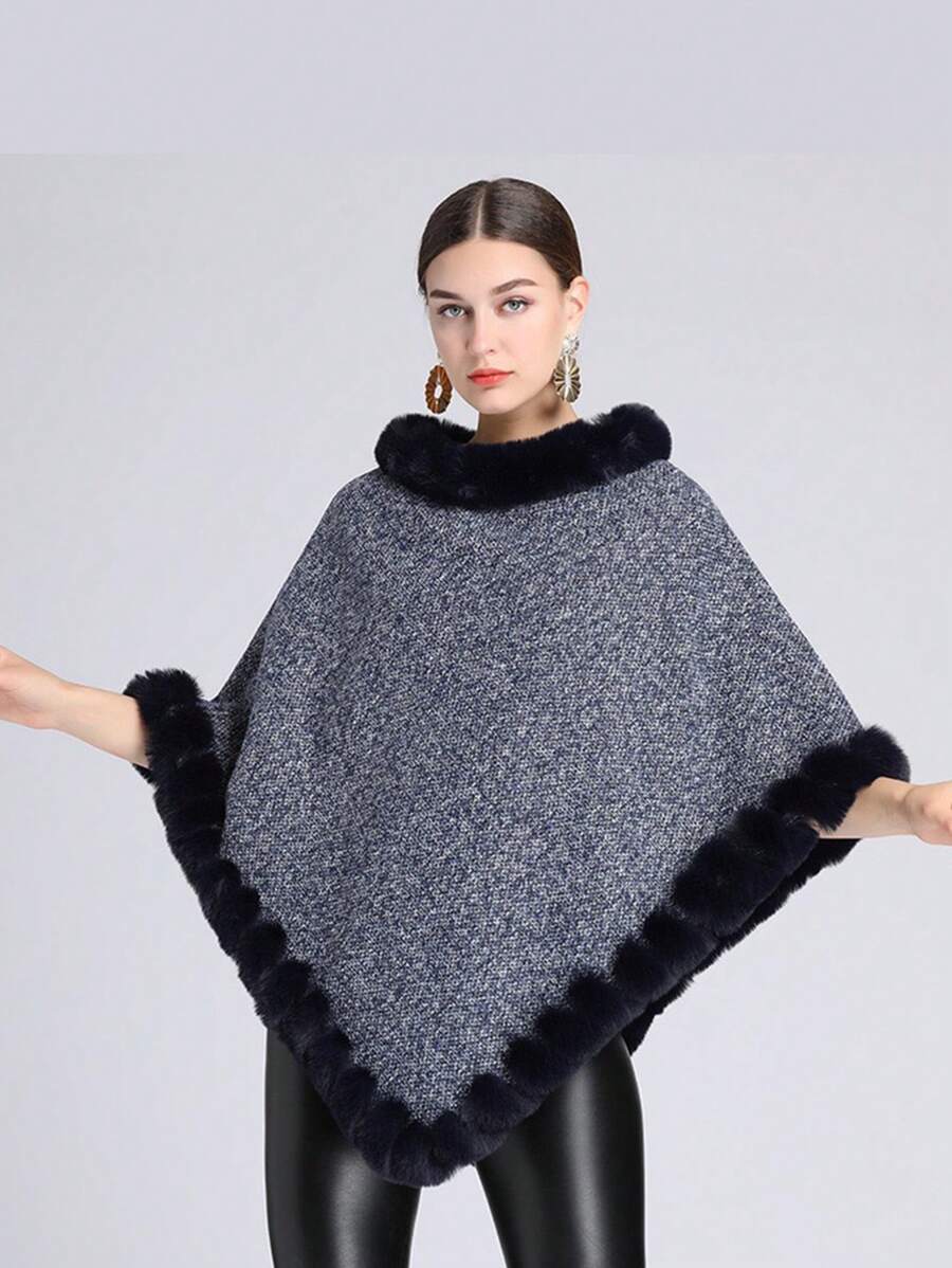 1件女士多色格紋披肩,厚實防風材料和蓬鬆領口,適用於戶外旅行、派對、日常裝扮 - 藏蓝色 - 查看 1