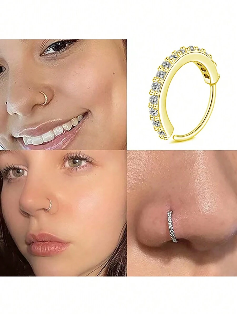 1pc Fashionable Micro Inlaid Super Sparkling Nose Ring For Women's Piercing - Gold - View 1