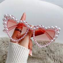 1 件超大心形镜框时尚仿珍珠装饰，适合女士派对/沙滩/摄影眼镜 - 粉色 - 查看 11