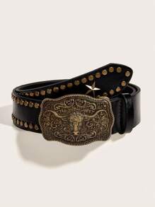 1pc Women's Black Flat Stud Heavy Carved Bull Head Buckle Pu Leather Belt, Fashionable Western Style All-match Accessory For Daily Wear - Black - View 1