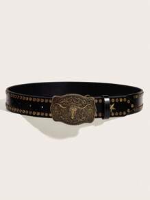 1pc Women's Black Flat Stud Heavy Carved Bull Head Buckle Pu Leather Belt, Fashionable Western Style All-match Accessory For Daily Wear - Black - View 2