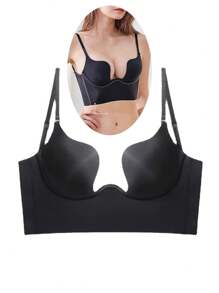 1件性感加厚u型推桿胸罩,深v領線,背無痕設計,女士專用 - 黑色 - 查看 1