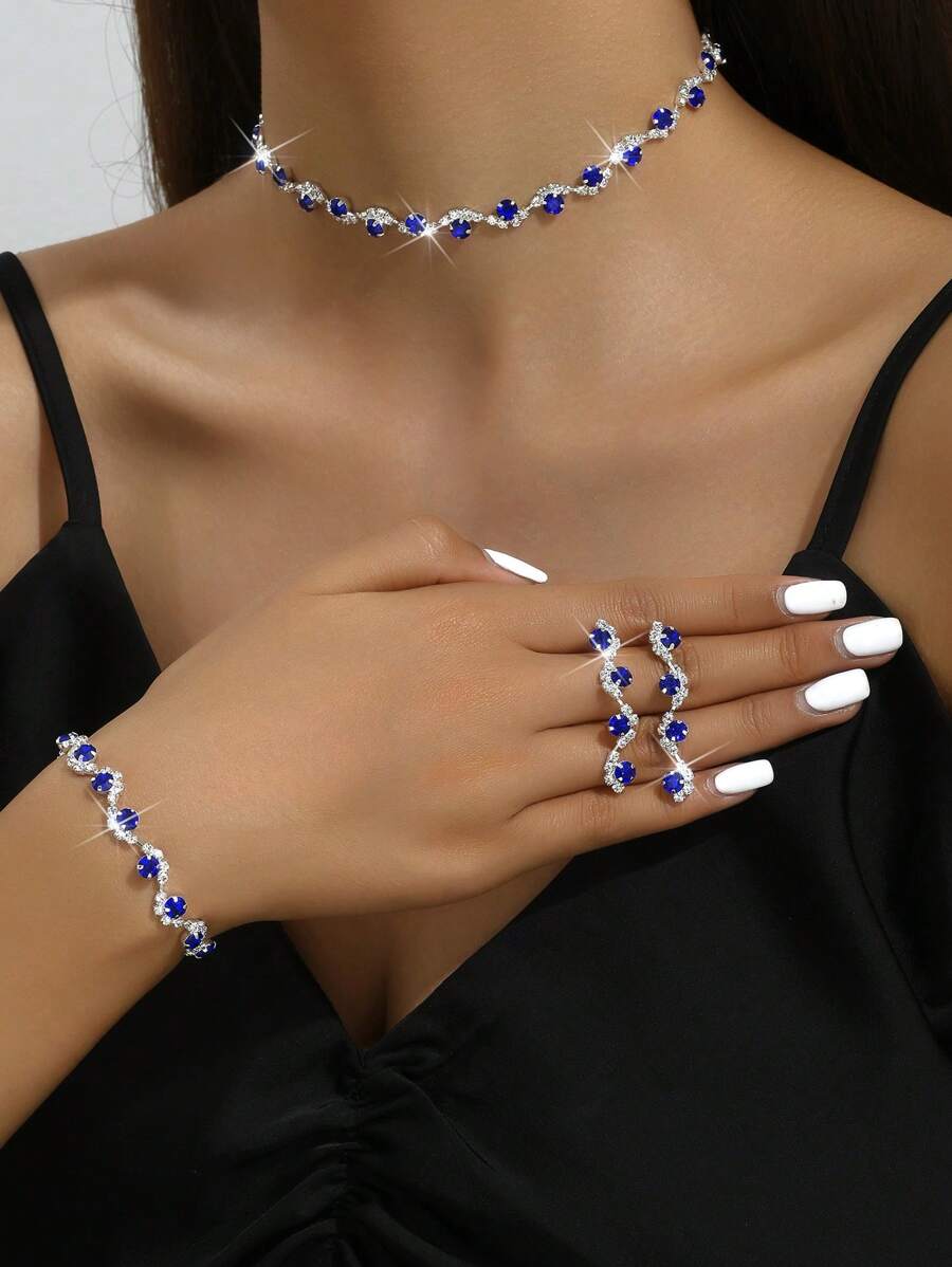 4 件組精緻藍色水鑽首飾套裝,包括冬季項鍊、耳環和手鍊,多功能頸鍊和項鍊作為禮服配件