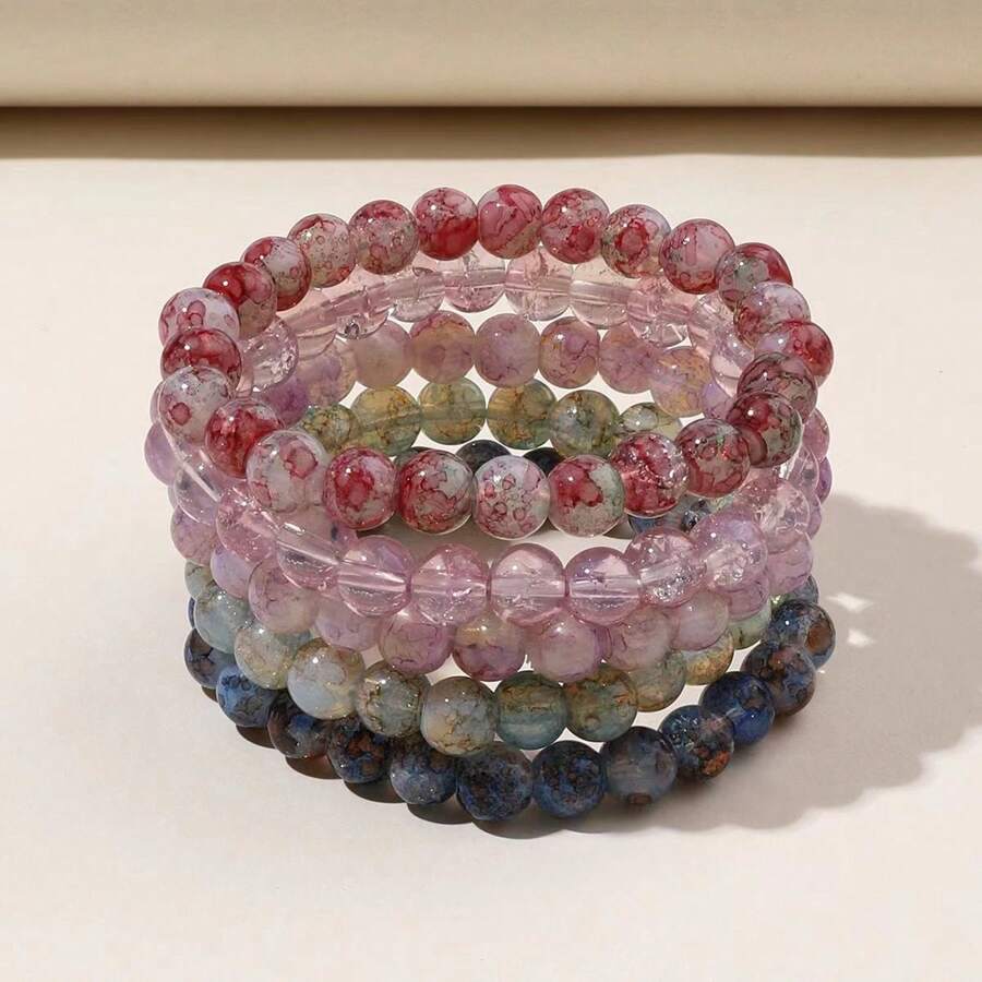 5pcs Colorful Spray Painted Glossy Jade Fragments & Glass Beaded Bracelets