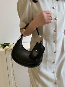 2pcs/Set Ladies' Solid Color Shoulder Bag With Coin Purse, Women Bag Sets With Purse Set , Women Bag With Dime Bag - Black - View 2