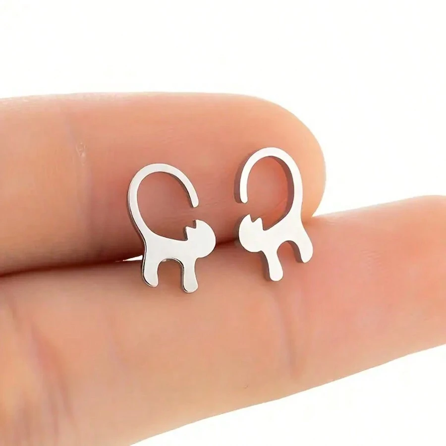 suteyi 1對不銹鋼可愛貓咪耳環，女士個性化、極簡優雅的耳飾配件