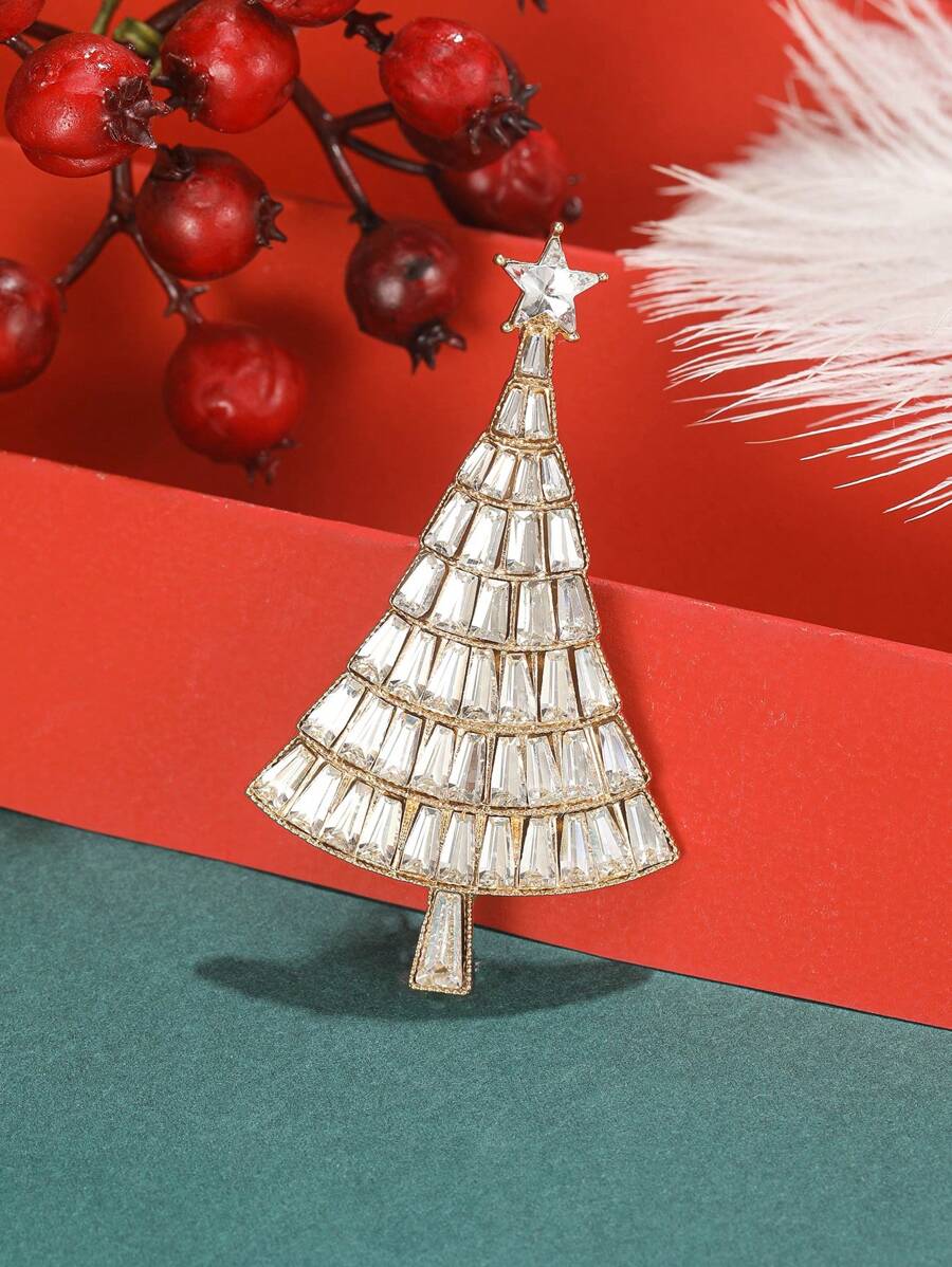 1 件時尚合金水鑽聖誕樹胸針適合聖誕節 - 金黃色 - 查看 1