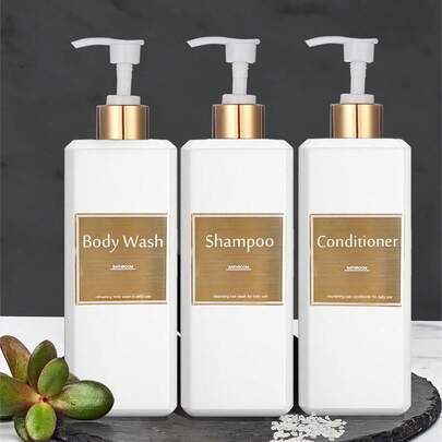 500ml/16.9oz Shampoo Pump Bottle With Gold Waterproof Label, Suitable For Bathroom Shampoo, Conditioner, Body Wash - White, Home Bathroom Decor, Autumn Decor, Back To School Decor