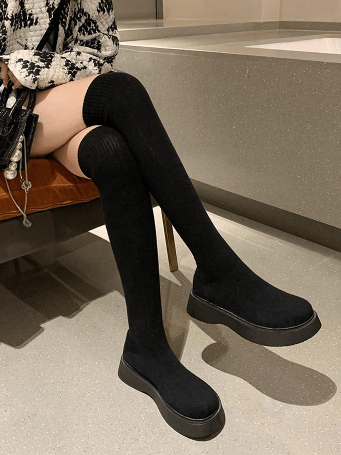 Over-The-Knee Stretchy Sock Boots For Women With Wedge Heel & Chunky Sole, Slimming Thigh High Boots, Boots For Autumn & Winter - Black - View 1
