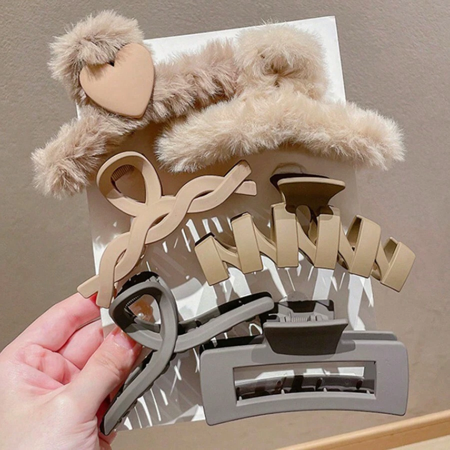 6件套奶茶色随机发夹，十字镂空设计发饰，适合浓密头发的女士