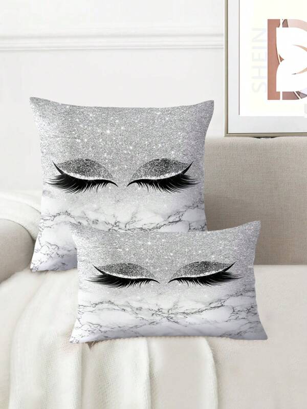 1 pieza Funda de cojín decorativa con estampado de pestañas, color gris, con cremallera extraíble, de poliéster lavable a máquina, apta para uso interior y exterior, decoración del hogar, dormitorio, sofá, silla