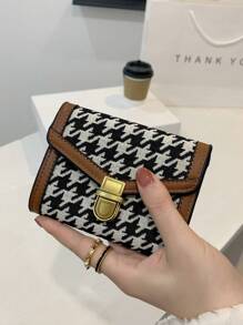 Cartera corta de mujer de lona de pata de gallo, con herrajes metálicos retro con cierre, minimalista y de moda, cartera compacta para damas de oficina, viajes, regalo de cumpleaños