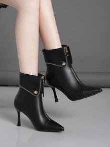 女式時尚拉鍊高跟短靴 - 黑色 - 查看 3