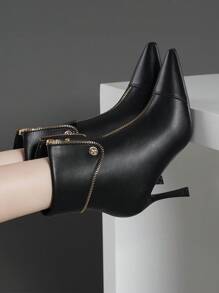 女式時尚拉鍊高跟短靴 - 黑色 - 查看 2