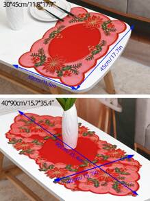1片聖誕節花卉桌墊,紅色聚酯灰絲織物料矩形尖頭盤墊,繡花蕾絲和水溶漩渦圖案,節慶和日常使用 - 紅色 - 查看 2