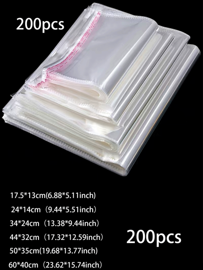 200pcs Transparent OPP Bags, Rectangular Self-Adhesive Sealable Bags, Suitable For DIY, Party, Halloween, Christmas, Valentine's Day, Family Gathering, Wedding Favors, Gift Packaging, Christmas
